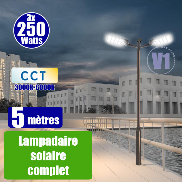 Pack lampadaire complet triple tête 5 mètres : 3x Lampadaires solaires - Série VIEW V3 250 Watts - 2100 Lumens - CCT + Mât STANDARD V1 EVO 5 mètres + Triple tête de mât perpendiculaire