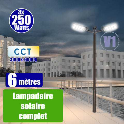 Pack lampadaire complet triple tête 6 mètres : 3x Lampadaires solaires - Série VIEW V3 250 Watts - 2100 Lumens - CCT + Mât STANDARD V1 EVO 6 mètres + Triple tête de mât perpendiculaire