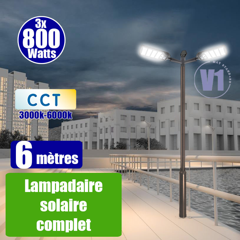 Pack lampadaire complet triple tête 6 mètres : 3x Lampadaires solaires - Série VIEW V3 800 Watts - 3500 Lumens - CCT + Mât STANDARD V1 EVO 6 mètres + Triple tête de mât perpendiculaire