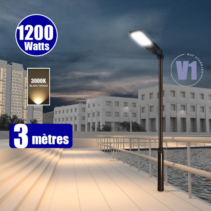 Pack lampadaire solaire complet 3/4/5/6 mètres au choix : Lampe solaire Série VIEW V2 EVO + Mât EVO - Entraxe des trous 200mm - Noir
