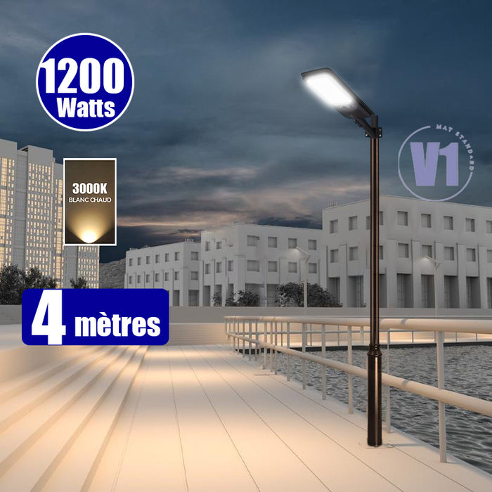 Pack lampadaire solaire complet 3/4/5/6 mètres au choix : Lampe solaire Série VIEW V2 EVO + Mât EVO - Entraxe des trous 200mm - Noir