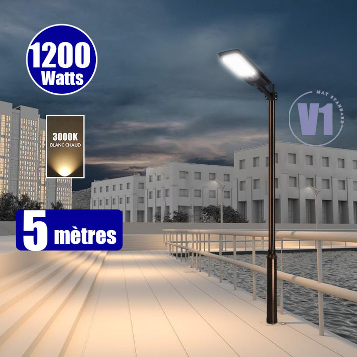 Pack lampadaire solaire complet 3/4/5/6 mètres au choix : Lampe solaire Série VIEW V2 EVO + Mât EVO - Entraxe des trous 200mm - Noir
