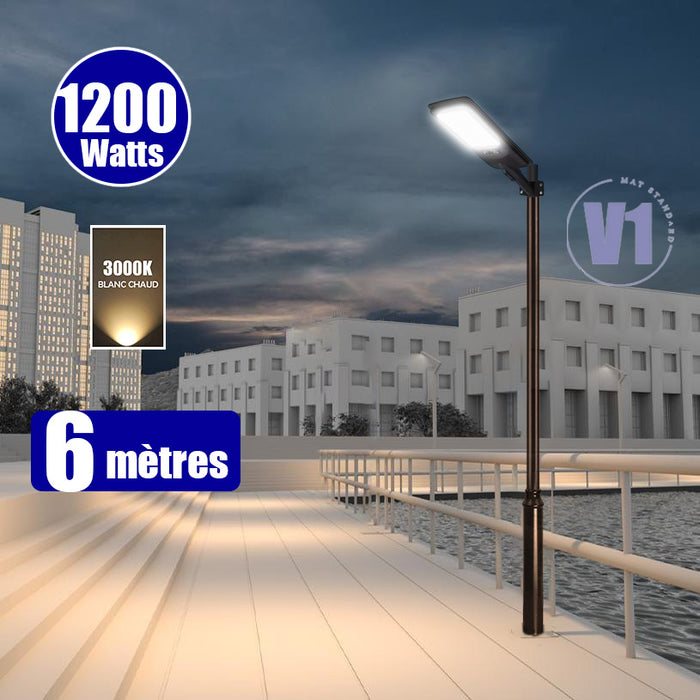 Pack lampadaire solaire complet 3/4/5/6 mètres au choix : Lampe solaire Série VIEW V2 EVO + Mât EVO - Entraxe des trous 200mm - Noir