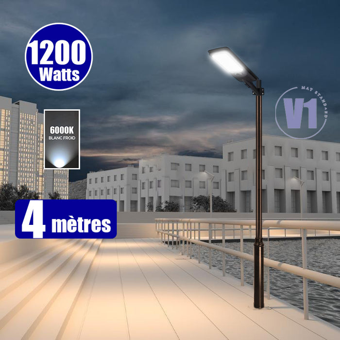 Pack lampadaire solaire complet 3/4/5/6 mètres au choix : Lampe solaire Série VIEW V2 EVO + Mât EVO - Entraxe des trous 200mm - Noir