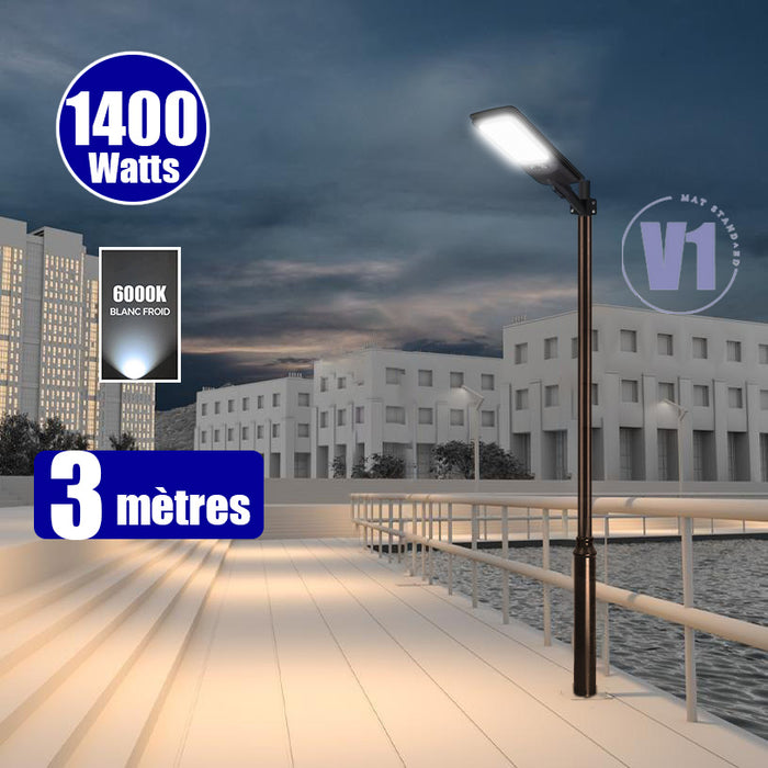 Pack lampadaire solaire complet 3/4/5/6 mètres au choix : Lampe solaire Série VIEW V2 EVO + Mât EVO - Entraxe des trous 200mm - Noir