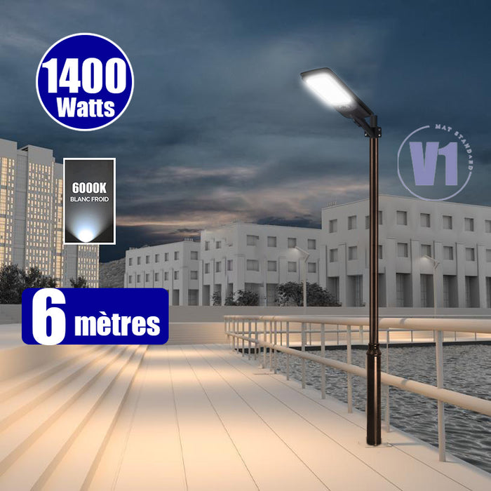 Pack lampadaire solaire complet 3/4/5/6 mètres au choix : Lampe solaire Série VIEW V2 EVO + Mât EVO - Entraxe des trous 200mm - Noir