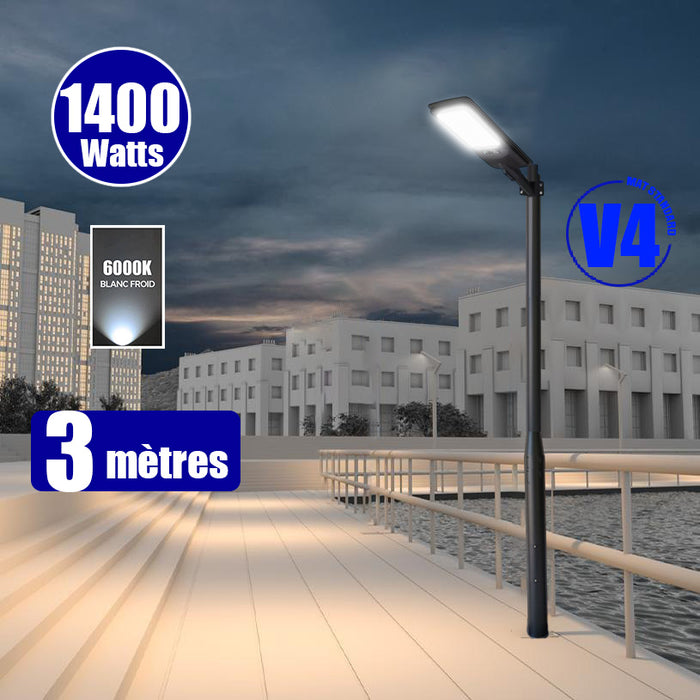 Pack lampadaire solaire complet 3/4/5/6 mètres au choix : Lampe solaire Série VIEW V2 EVO + Mât EVO - Entraxe des trous 200mm - Noir
