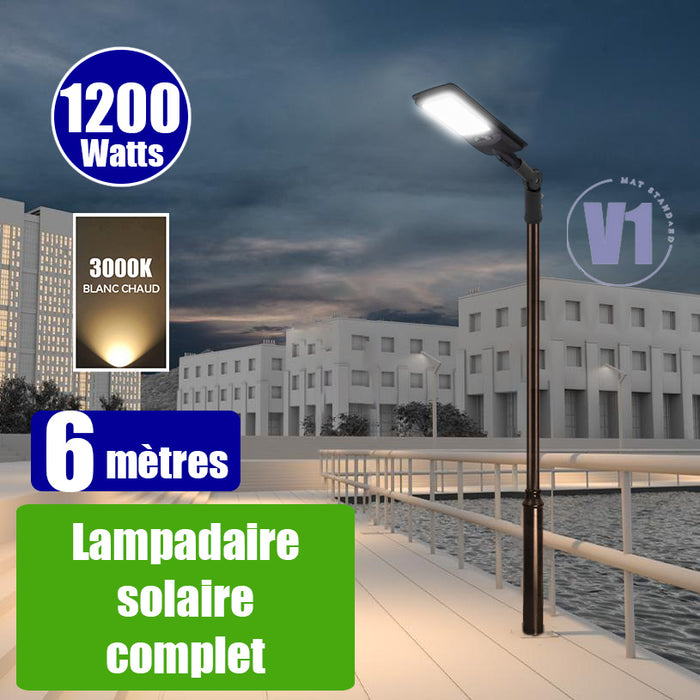 Pack lampadaire complet 6 mètres : Lampadaire solaire - Série VIEW V2 EVO 1200 Watts - 3600 Lumens - 3000k / 6000k au choix + Mât STANDARD V1 EVO 6 mètres + Adaptateur ajustable 80/50mm ou Support déporté 45mm