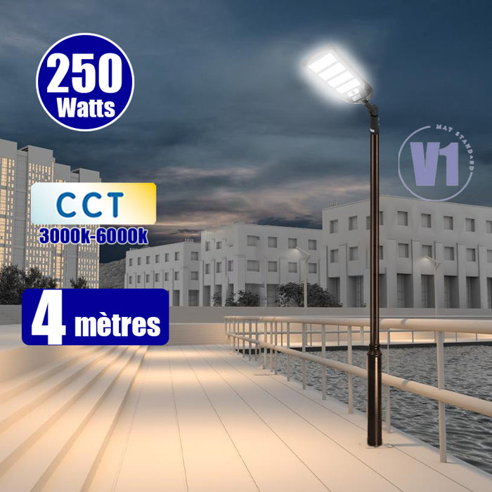 Pack lampadaire solaire complet 3/4/5/6 mètres au choix : Lampe solaire Série VIEW V3 + Mât EVO - Entraxe des trous 200mm - Noir