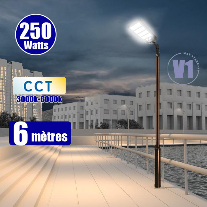 Pack lampadaire solaire complet 3/4/5/6 mètres au choix : Lampe solaire Série VIEW V3 + Mât EVO - Entraxe des trous 200mm - Noir