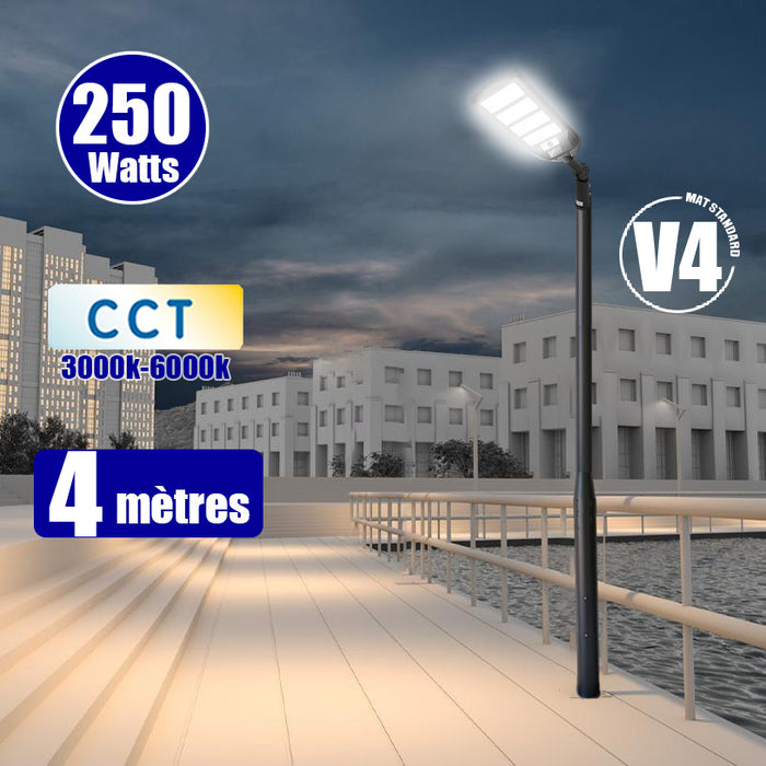 Pack lampadaire solaire complet 3/4/5/6 mètres au choix : Lampe solaire Série VIEW V3 + Mât EVO - Entraxe des trous 200mm - Noir