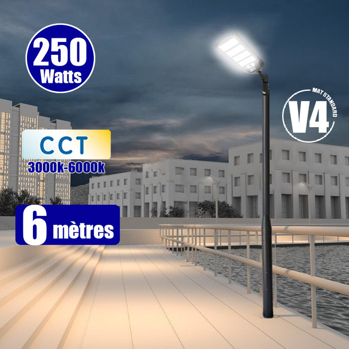Pack lampadaire solaire complet 3/4/5/6 mètres au choix : Lampe solaire Série VIEW V3 + Mât EVO - Entraxe des trous 200mm - Noir