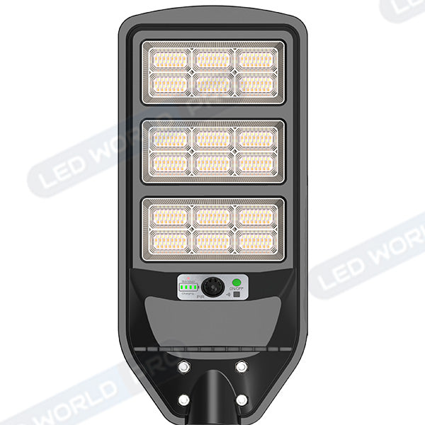 Pack de 2x Luminaires Solaires LED pour Candélabre / Lampe de rue et parking - Série VIEW V3 CCT - 250 Watts - 2100 Lumens - Angle 140*70° - IP65 - Lampe 62 x 25 x 5 cm - Panneau MONOCRISTALLIN 51 x 23 cm - Détecteur de mouvement