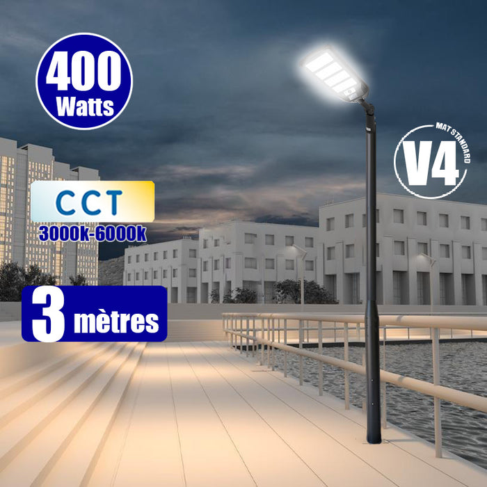 Pack lampadaire solaire complet 3/4/5/6 mètres au choix : Lampe solaire Série VIEW V3 + Mât EVO - Entraxe des trous 200mm - Noir