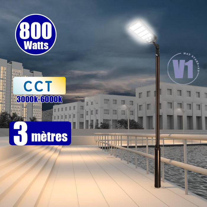 Pack lampadaire solaire complet 3/4/5/6 mètres au choix : Lampe solaire Série VIEW V3 + Mât EVO - Entraxe des trous 200mm - Noir