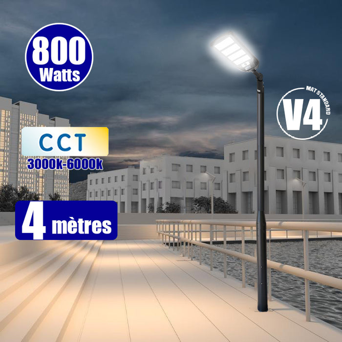 Pack lampadaire solaire complet 3/4/5/6 mètres au choix : Lampe solaire Série VIEW V3 + Mât EVO - Entraxe des trous 200mm - Noir