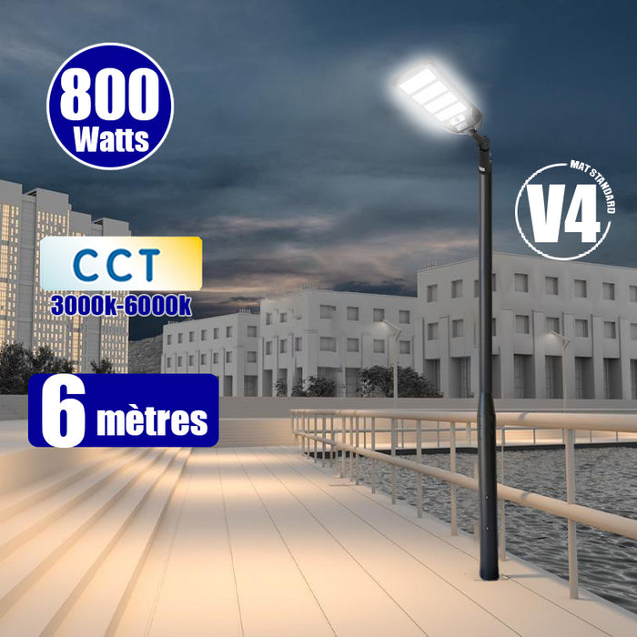 Pack lampadaire solaire complet 3/4/5/6 mètres au choix : Lampe solaire Série VIEW V3 + Mât EVO - Entraxe des trous 200mm - Noir