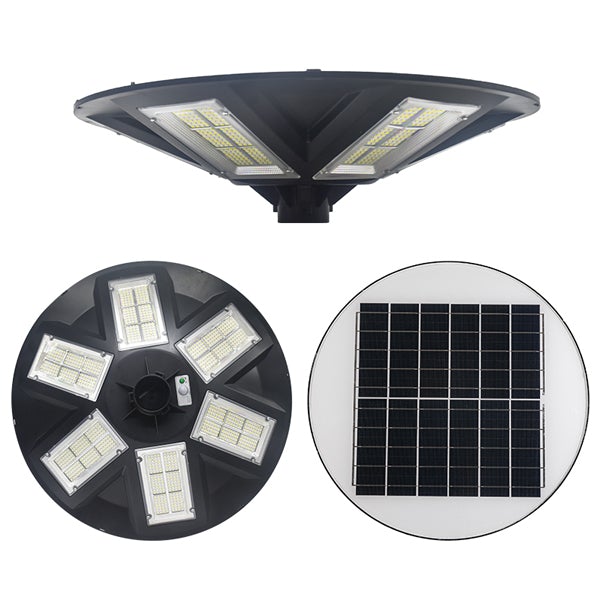 Pack lampadaire complet 6 mètres : Lampe solaire Série OVNI HERCULE 500 Watts - 2200 lumens - 3000K - Angle 360° + Mât STANDARD 6 mètres (V1 EVO ou V4 EVO - Avec trappe)