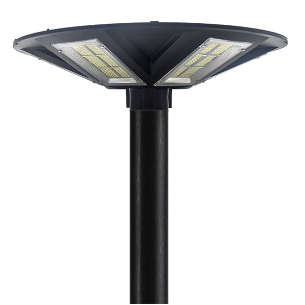 Pack lampadaire complet 6 mètres : Lampe solaire Série OVNI HERCULE 500 Watts - 2200 lumens - 6000K - Angle 360° + Mât STANDARD 6 mètres (V1 EVO ou V4 EVO - Avec trappe)