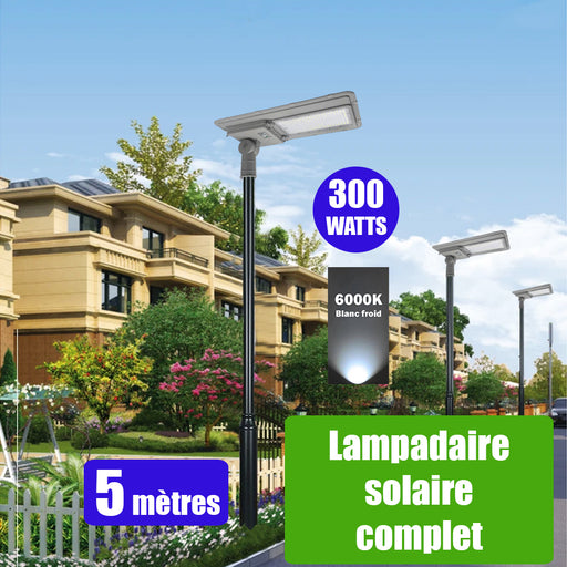 Pack lampadaire solaire complet 5 mètres : Lampadaire LED solaire ajustable - Série FLEX SOLAR - 300 Watts - 2500 Lumens - 6000k + Mât STANDARD 5 mètres