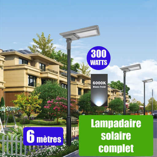 Pack lampadaire solaire complet 6 mètres : Lampadaire LED solaire ajustable - Série FLEX SOLAR - 300 Watts - 2500 Lumens - 6000k + Mât STANDARD 6 mètres