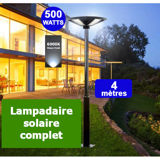 Pack lampadaire complet 4 mètres : Lampe solaire Série OVNI HERCULE 500 Watts - 2200 lumens - 6000K - Angle 360° + Mât STANDARD 4 mètres