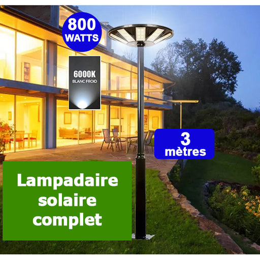 Pack lampadaire complet 3 mètres : Lampe solaire Série OVNI HERCULE 800 Watts - 2700 Lumens - 6000K - Angle 360° + Mât STANDARD 3 mètres