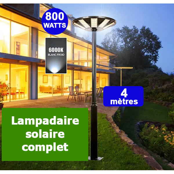 Pack lampadaire complet 4 mètres : Lampe solaire Série OVNI HERCULE 800 Watts - 2700 Lumens - 6000K - Angle 360° + Mât STANDARD 4 mètres