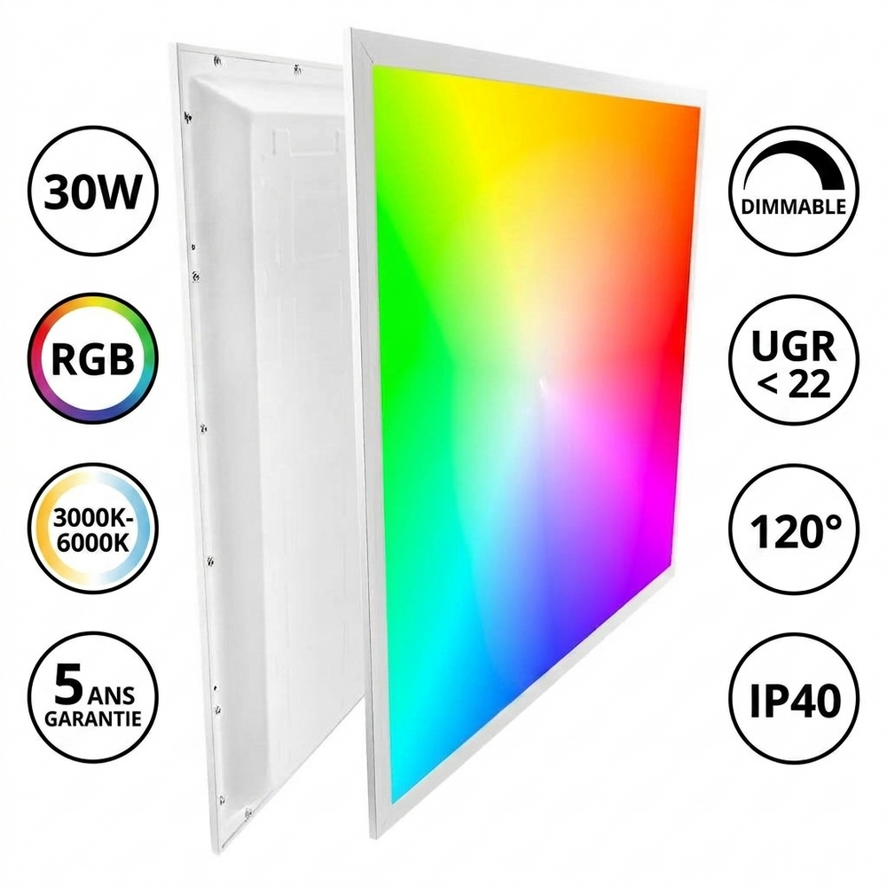 Pack de 4x Dalles LED - Ultra Fine - BACKLIT - 60 x 60 cm - Série MULTICOLORE – 36 Watts - 3240 Lumens - 90 Lumens/Watt - Angle 120° - IP40 - UGR<22 - RGB+3000k-6000k - Télécommande incluse - Garantie 5 ans