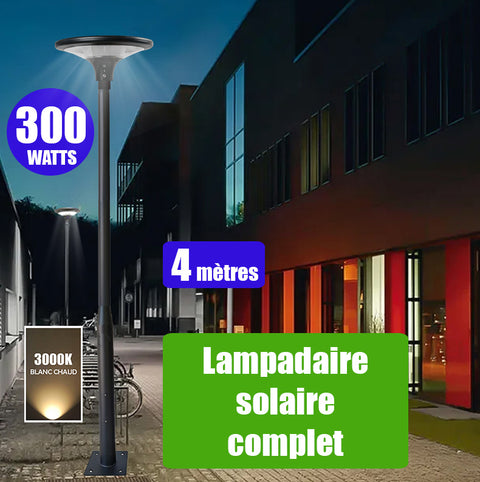 Pack lampadaire solaire complet 4 mètres : Lampe solaire Série OVNI SUN FLOWER 300 3000K + Mât STANDARD V4 ECO 4 mètres - Avec trappe - Entraxe latéral des trous 160mm