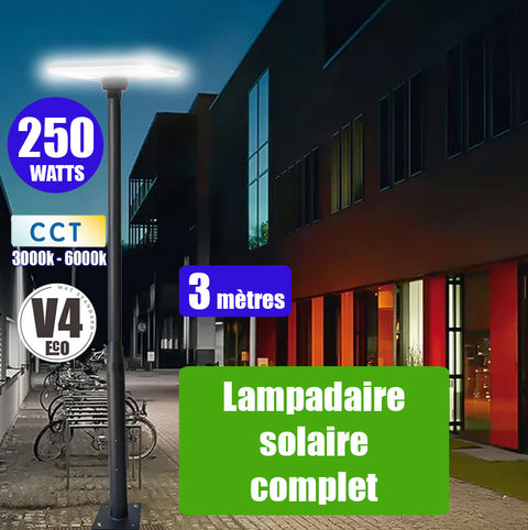 Pack lampadaire solaire complet 3 mètres : Lampe solaire - Série OVNI SUNFLOWER V2 - 250 Watts - CCT(3000k / 4000k / 6000k) + Mât STANDARD V4 ECO 3 mètres NOIR avec trappe - Entraxe latéral des trous 160mm