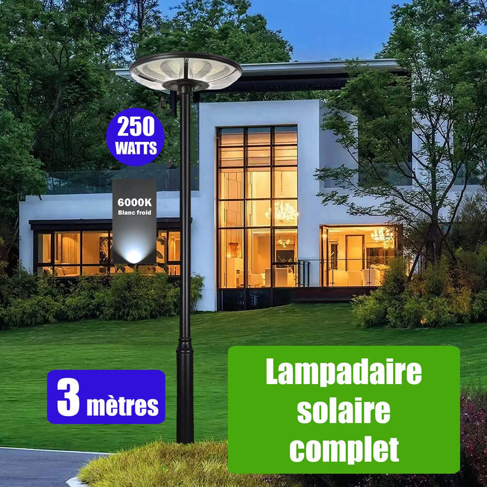 Pack lampadaire solaire complet 3 mètres : Lampe solaire pour extérieur - Série OVNI CRYSTAL - 250 Watts - 1500 Lumens - 6000k + Mât STANDARD 3 mètres