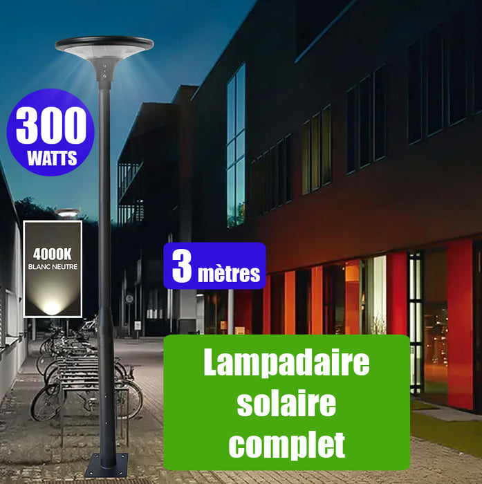 Pack lampadaire solaire complet 3 mètres : Lampe solaire Série OVNI SUN FLOWER 300 4000K + Mât STANDARD V4 ECO 3 mètres - Avec trappe - Entraxe latéral des trous 160mm