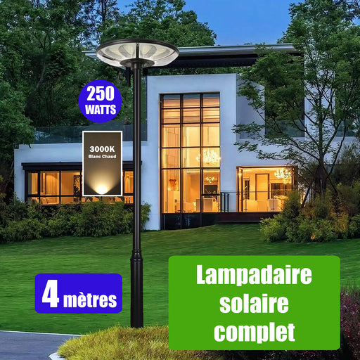 Pack lampadaire solaire complet 4 mètres : Lampe solaire pour extérieur - Série OVNI CRYSTAL - 250 Watts - 1500 Lumens - 3000k + Mât STANDARD 4 mètres