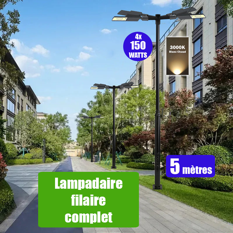 Pack lampadaire filaire complet triple tête 3/4/5/6 mètres au choix : 3x Lampes filaires Série STARPRO + Mât EVO - Entraxe des trous 200mm - Noir
