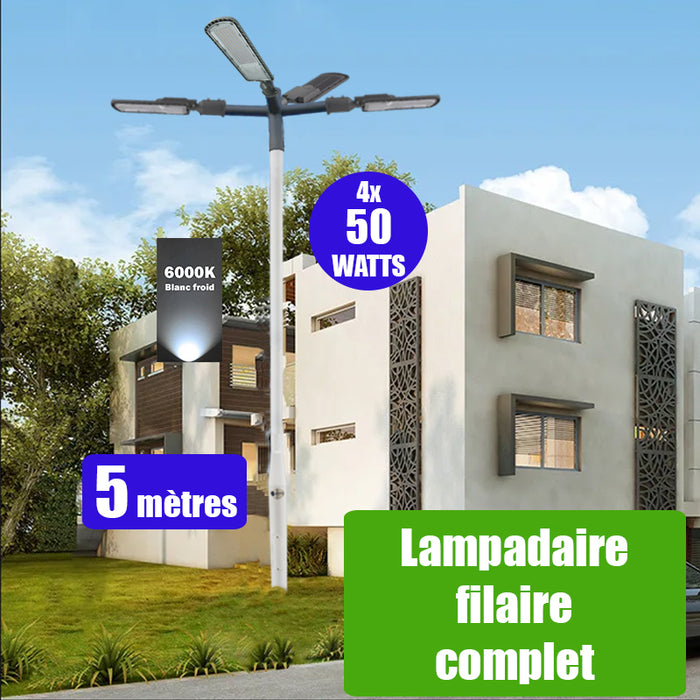 Pack lampadaire filaire complet quadruple tête 5 mètres : 4x Lampes filaires - Série FLEX ECO - 50 Watts - 6000k + Mât STANDARD 5 mètres avec trappe au choix (STANDARD V2 EVO ou STANDARD V4 EVO) + Quadruple tête de mât + 4x Adaptateurs 60/50 ajustable