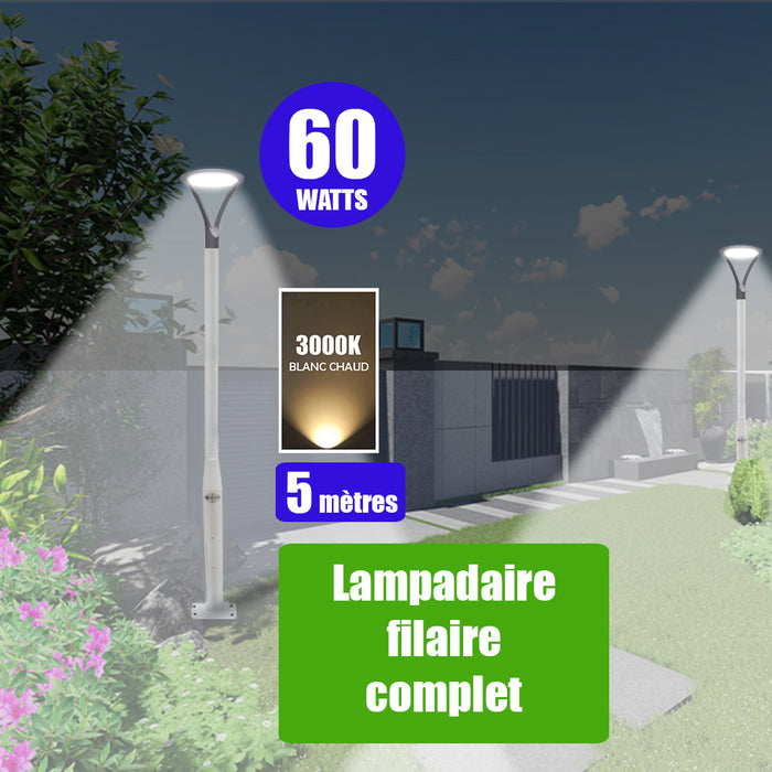 Pack lampadaire filaire complet 5 mètres : Lampe de jardin filaire - Série OVALI ULTRA - 3000k - Puissance 60 Watts + Mât STANDARD - 5 mètres avec trappe au choix (Série STANDARD V2 EVO ou Série STANDARD V4 EVO)
