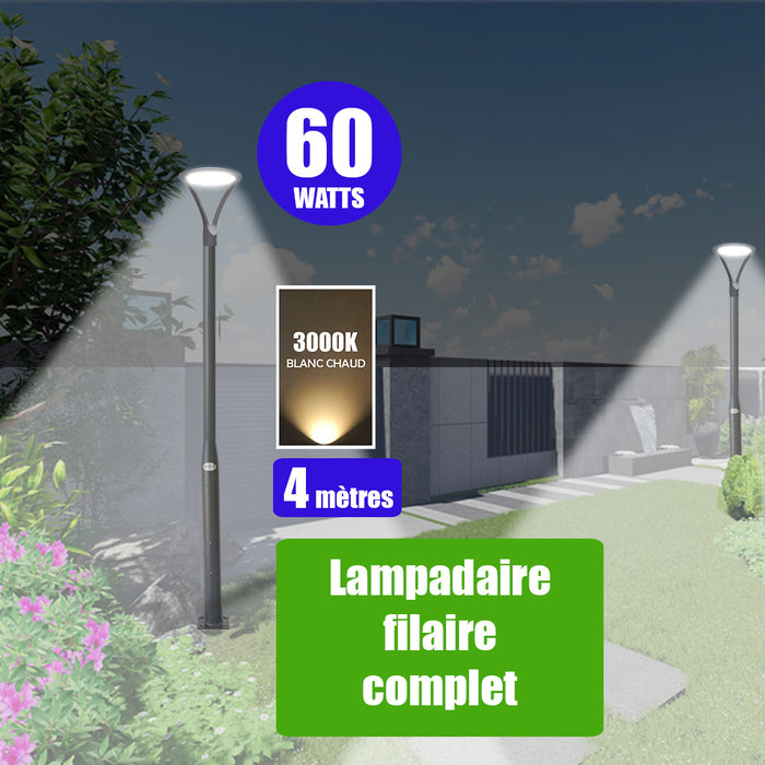 Pack lampadaire filaire complet 4 mètres : Lampe de jardin filaire - Série OVALI ULTRA - 3000k - Puissance 60 Watts + Mât STANDARD - 4 mètres avec trappe au choix (Série STANDARD V2 EVO ou Série STANDARD V4 EVO)