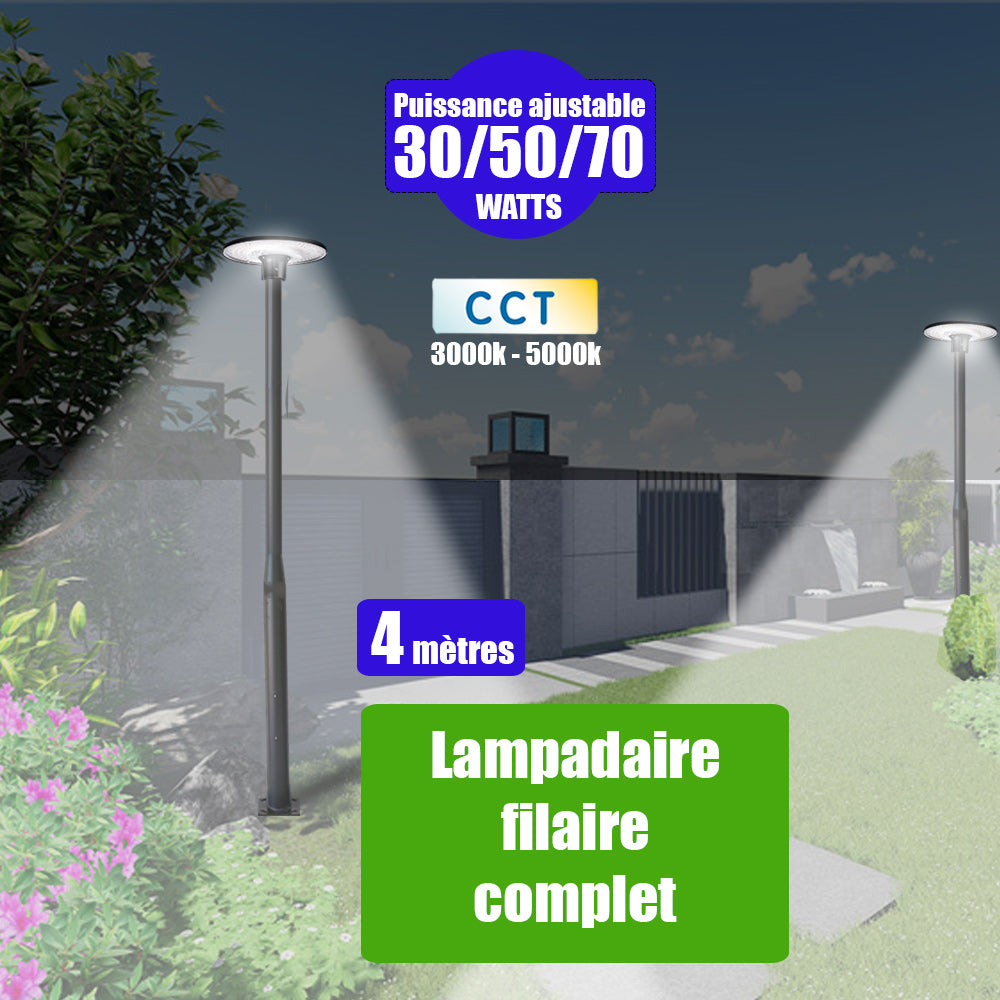 Pack lampadaire filaire complet 4 mètres : Lampe jardin / Parking - Série GARDIENNA CCT - 30/50/70 Watts - Jusqu'à 10 800 Lumens  - Modèle simple - NOIR + Mât STANDARD V4 ECO 4 mètres NOIR avec trappe - Entraxe latéral des trous 160mm