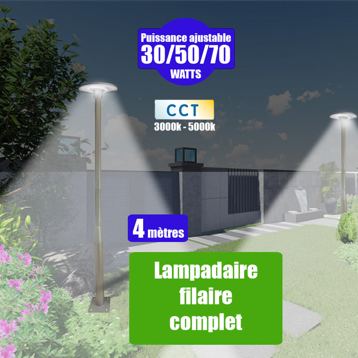 Pack lampadaire filaire complet 4 mètres : Lampe jardin / Parking - Série GARDIENNA CCT - 30/50/70 Watts - Jusqu'à 10 800 Lumens  - Modèle simple - GRIS + Mât STANDARD V4 ECO 4 mètres NOIR avec trappe - Entraxe latéral des trous 160mm