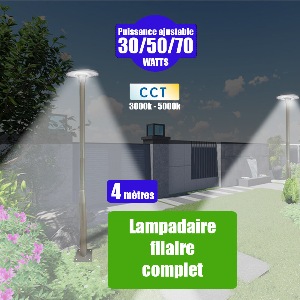 Pack lampadaire filaire complet 4 mètres : Lampe jardin / Parking - Série GARDIENNA CCT - 30/50/70 Watts - Jusqu'à 10 800 Lumens  - Modèle avec capteur crépusculaire - GRIS + Mât STANDARD V4 ECO 4 mètres NOIR avec trappe - Entraxe latéral des trous 160mm