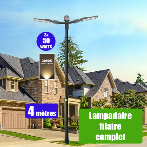 Pack lampadaire filaire complet triple tête 4 mètres : 3x Lampes de rue filaire - Série FLEX ECO - 50 Watts - 3000k + Mât STANDARD EVO V4 - 4 mètres avec trappe + Triple tête de mât + 3x Adaptateurs 60/50 ajustable