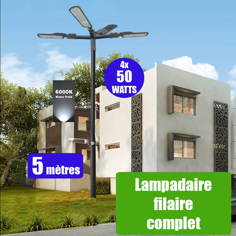 Pack lampadaire filaire complet quadruple tête 5 mètres : 4x Lampes filaires - Série FLEX ECO - 50 Watts - 6000k + Mât STANDARD 5 mètres avec trappe au choix (STANDARD V2 EVO ou STANDARD V4 EVO) + Quadruple tête de mât + 4x Adaptateurs 60/50 ajustable