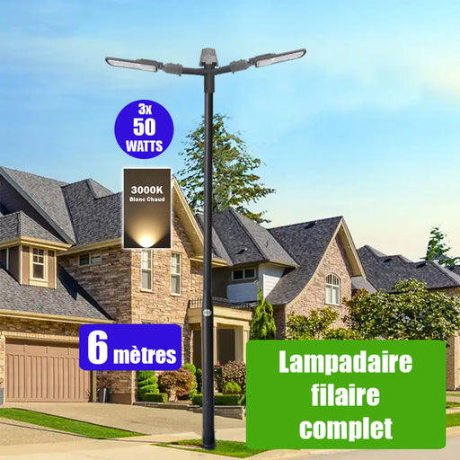 Pack lampadaire filaire complet triple tête 6 mètres : 3x Lampes de rue filaire - Série FLEX ECO - 50 Watts - 3000k + Mât STANDARD - 6 mètres avec trappe au choix (STANDARD V2 EVO ou STANDARD V4 EVO) + Triple tête de mât + 3x Adaptateurs 60/50 ajustable