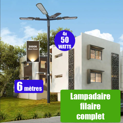 Pack lampadaire filaire complet quadruple tête 6 mètres : 4x Lampes filaires - Série FLEX ECO - 50 Watts - 3000k + Mât STANDARD 6 mètres avec trappe au choix (STANDARD V2 EVO ou STANDARD V4 EVO) + Quadruple tête de mât + 4x Adaptateurs 60/50 ajustable