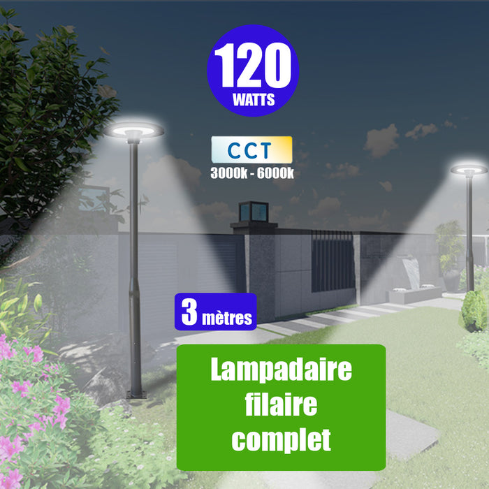 Pack lampadaire filaire complet 3 mètres : Lampe jardin / Parking - Série OVALI UFO - 120 Watts - 14 400 Lumens - CCT + Mât STANDARD - 3 mètres au choix (Série STANDARD V1 EVO ou V4 ECO avec trappe) + Adaptateur simple 60/80mm