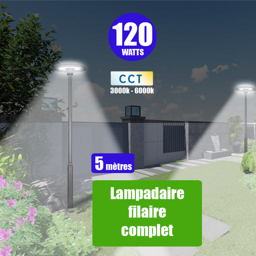 Pack lampadaire filaire complet 5 mètres : Lampe jardin / Parking - Série OVALI UFO - 120 Watts - 14 400 Lumens - CCT + Mât STANDARD V1 EVO - 5 mètres + Adaptateur simple 60/80mm