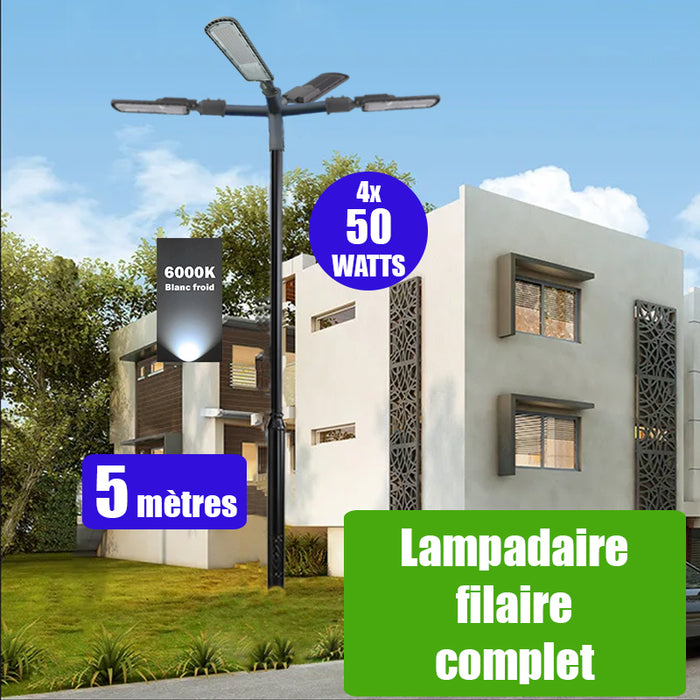 Pack lampadaire filaire complet quadruple tête 5 mètres : 4x Lampes filaires - Série FLEX ECO - 50 Watts - 6000k + Mât STANDARD 5 mètres avec trappe au choix (STANDARD V2 EVO ou STANDARD V4 EVO) + Quadruple tête de mât + 4x Adaptateurs 60/50 ajustable