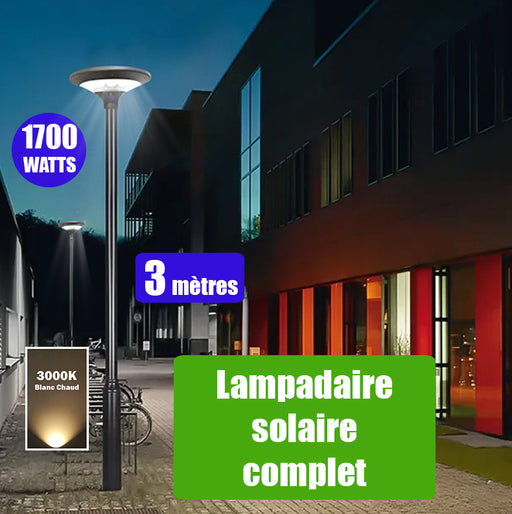 Pack lampadaire solaire complet 3 mètres : Lampe d'extérieur solaire - Série OVNI EVO - 1700 watts - 5100 Lumens - 3000k + Mât STANDARD 3 mètres