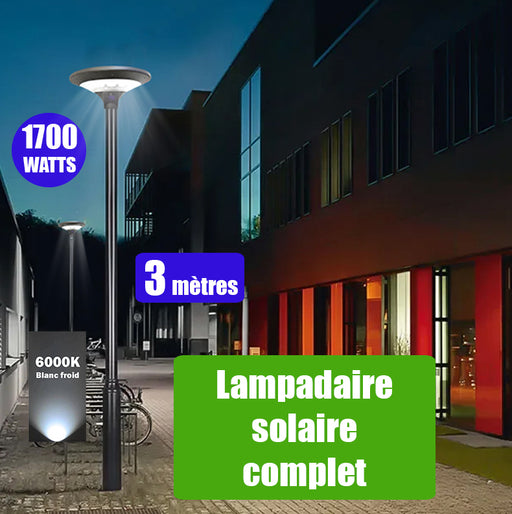 Pack lampadaire solaire complet 3 mètres : Lampe d'extérieur solaire - Série OVNI EVO - 1700 watts - 5100 Lumens - 6000k + Mât STANDARD 3 mètres